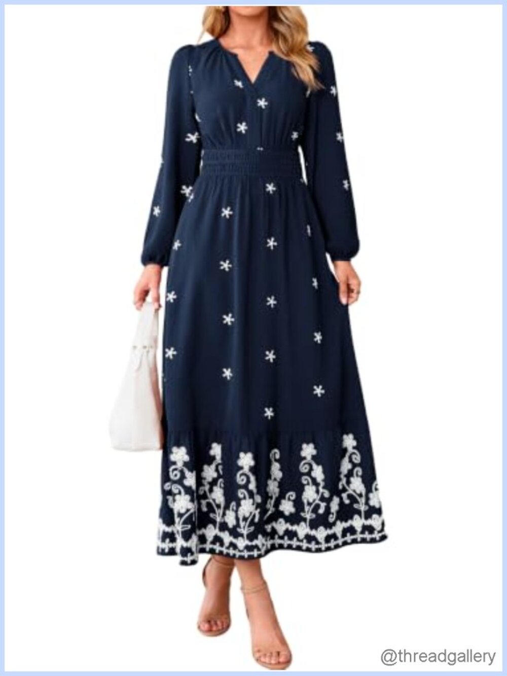Floral Embroidered Maxi Dress Long Sleeve Smocked Waist Boho Wedding Guest